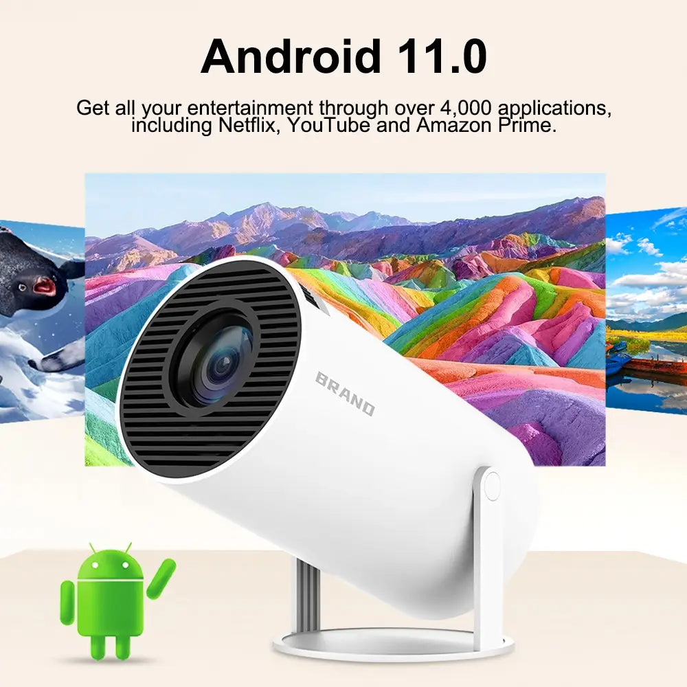 Smart home security camera with Android 11.0 text and app icons on a scenic background