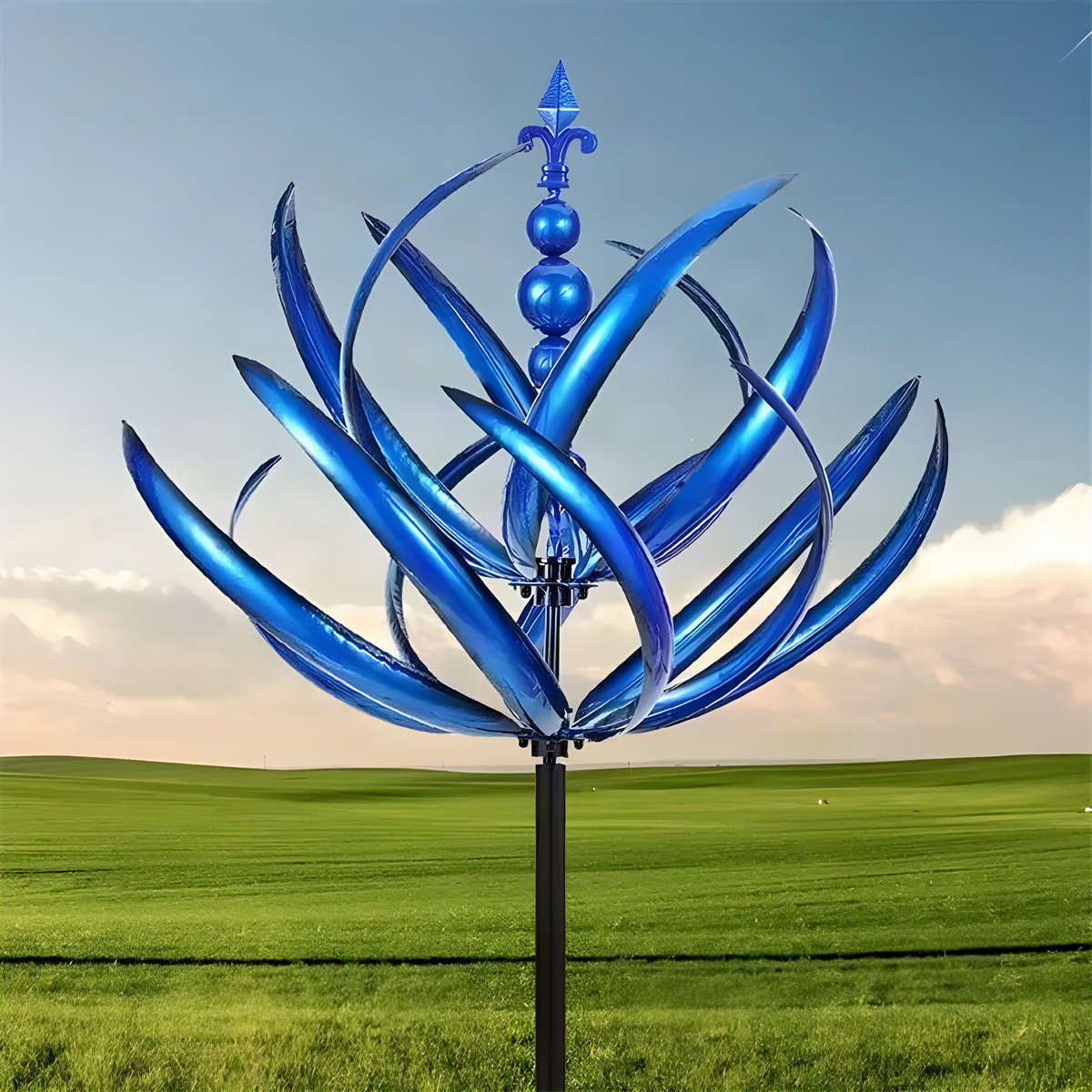 Metal Garden Wind Spinner with Curved Blades and Ground Stake