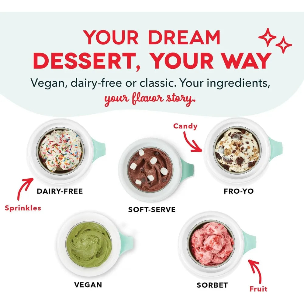 Ice cream flavors with text 'Your Dream Dessert, Your Way' on a white background