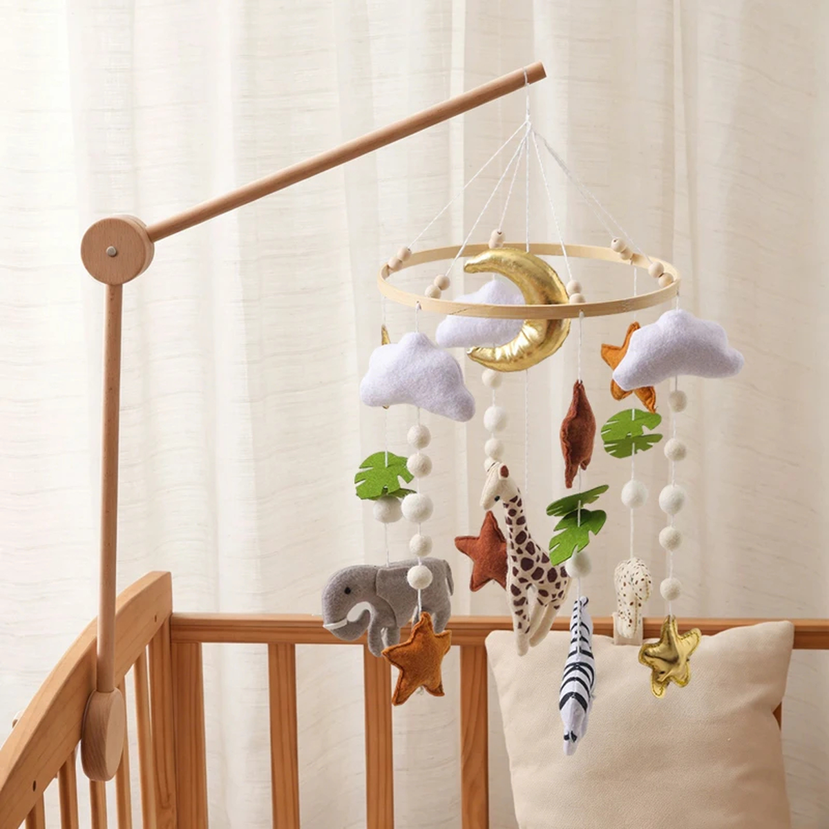 Felt Animal Crib Mobile with Wooden Frame and Hanging Shapes