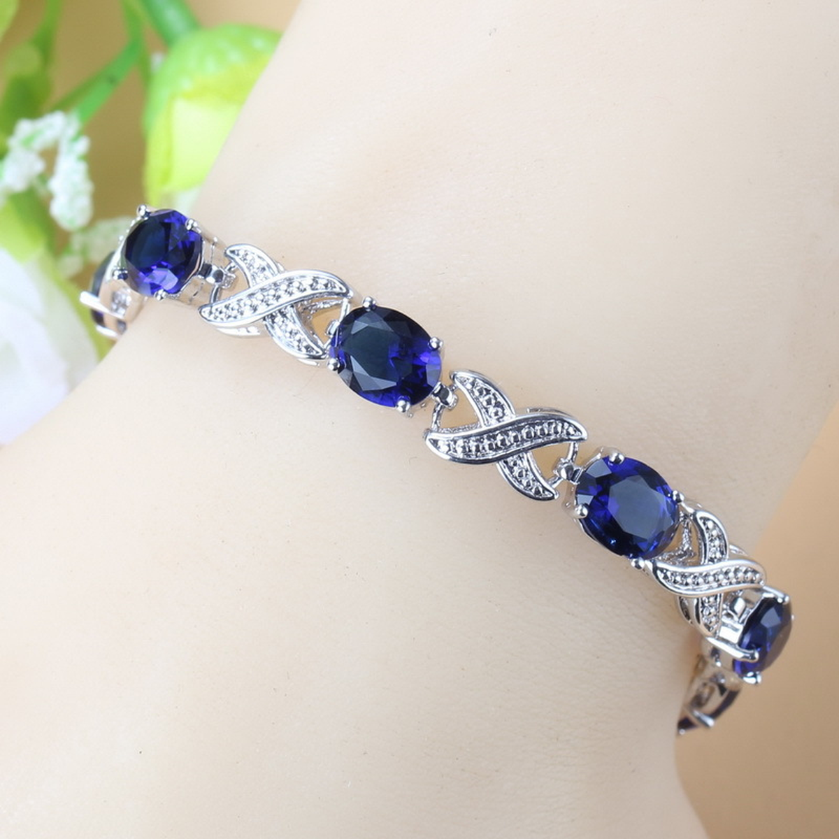 Blue Oval Crystal Fashion Bracelet with Clear Accent Stones