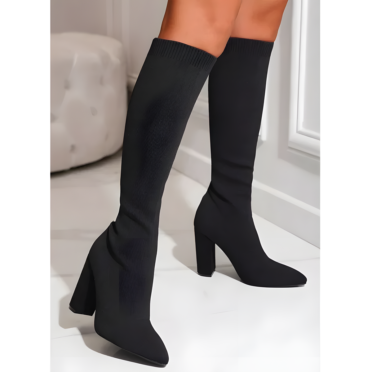 Stretch-Knit Tall Boots with Block Heels in Three Colors