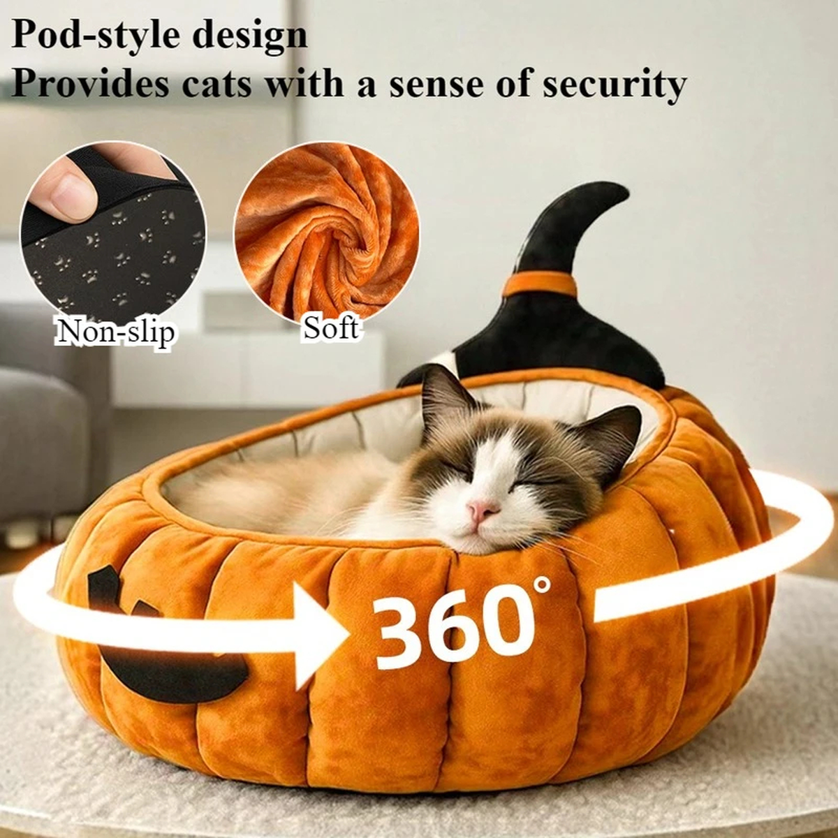 Pumpkin Cat Bed, Round 54 cm, Raised Rim, Removable Cushion