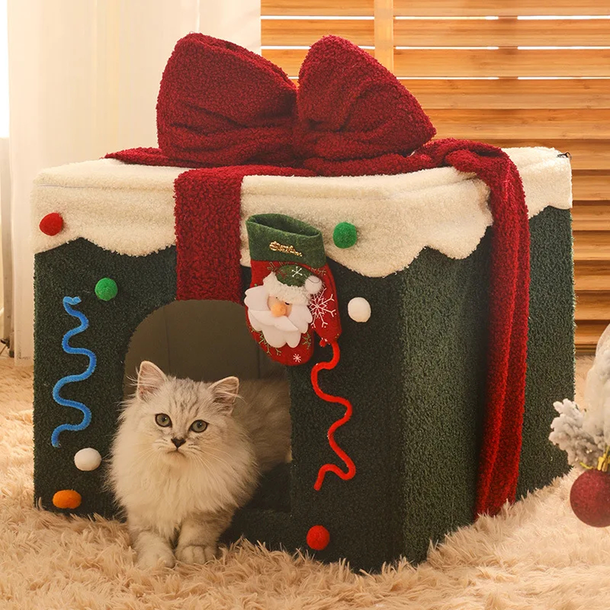Christmas Gift Box Cat House Bed with Removable Top Bow