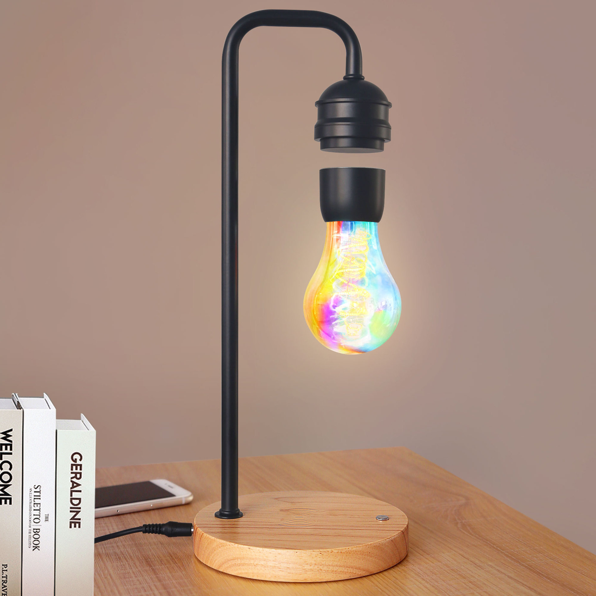 Magnetic Levitating Bulb Desk Lamp with Round Wooden Base