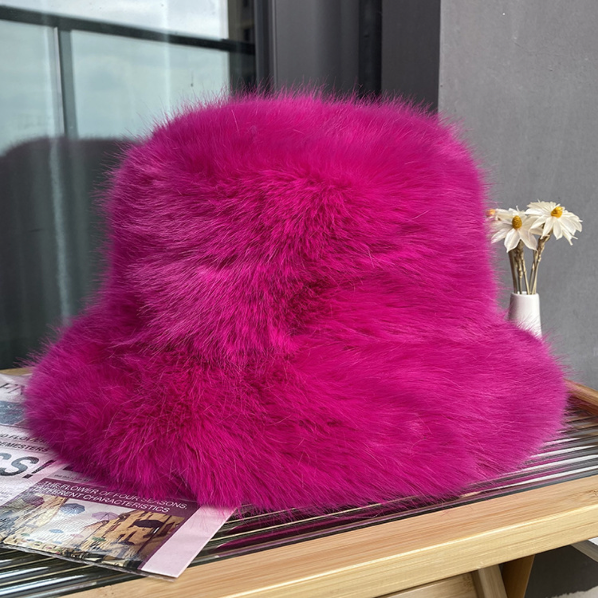 Plush Faux-Fur Bucket Hat with Rounded Crown and Soft Brim