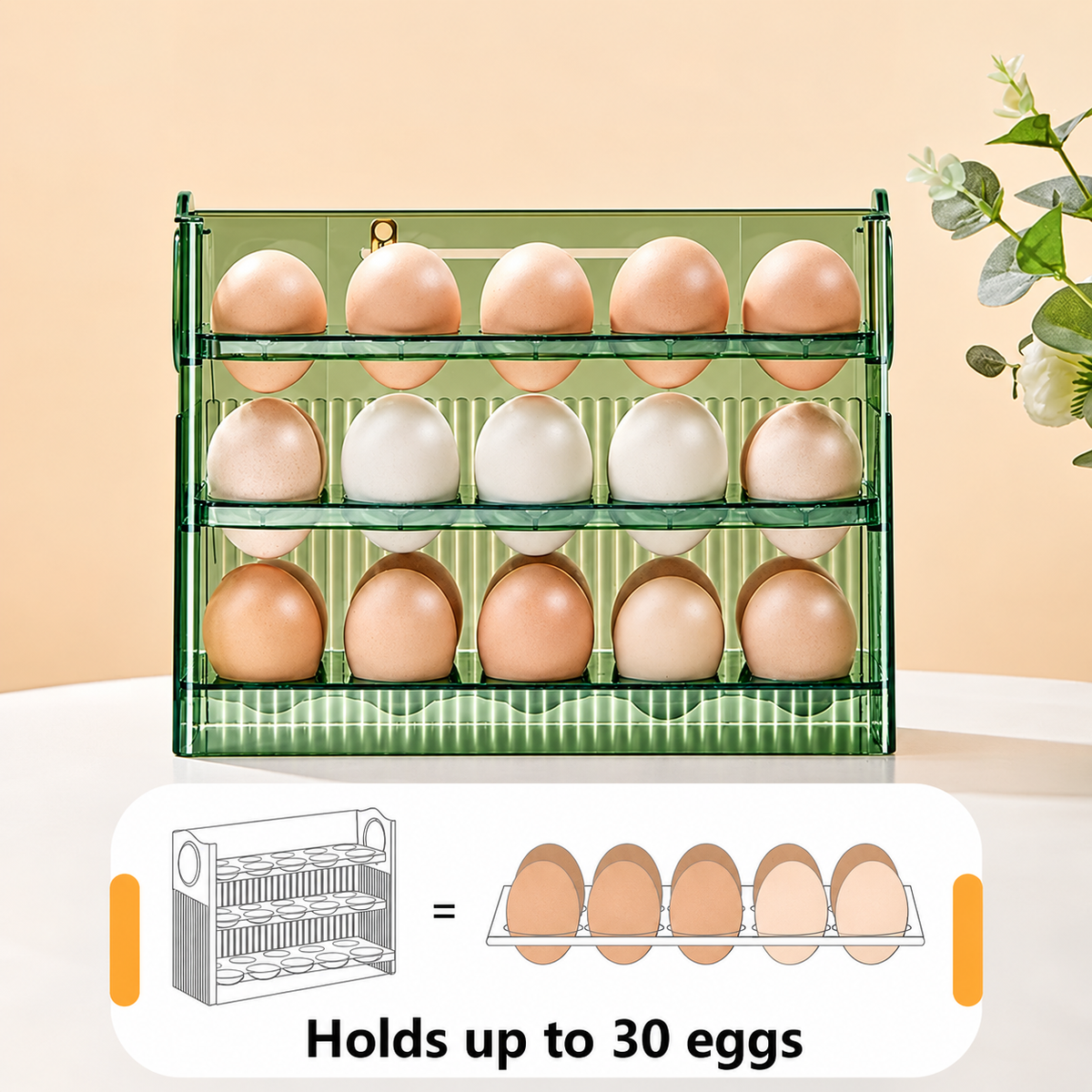30-Egg Refrigerator Rack, Pivoting Trays and Date Slider