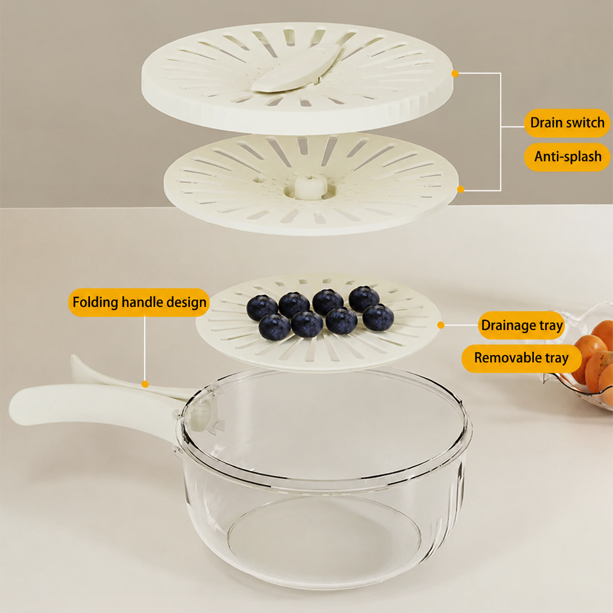 Fruit Rinse and Storage Bowl with Rotating Drain Lid and Handle