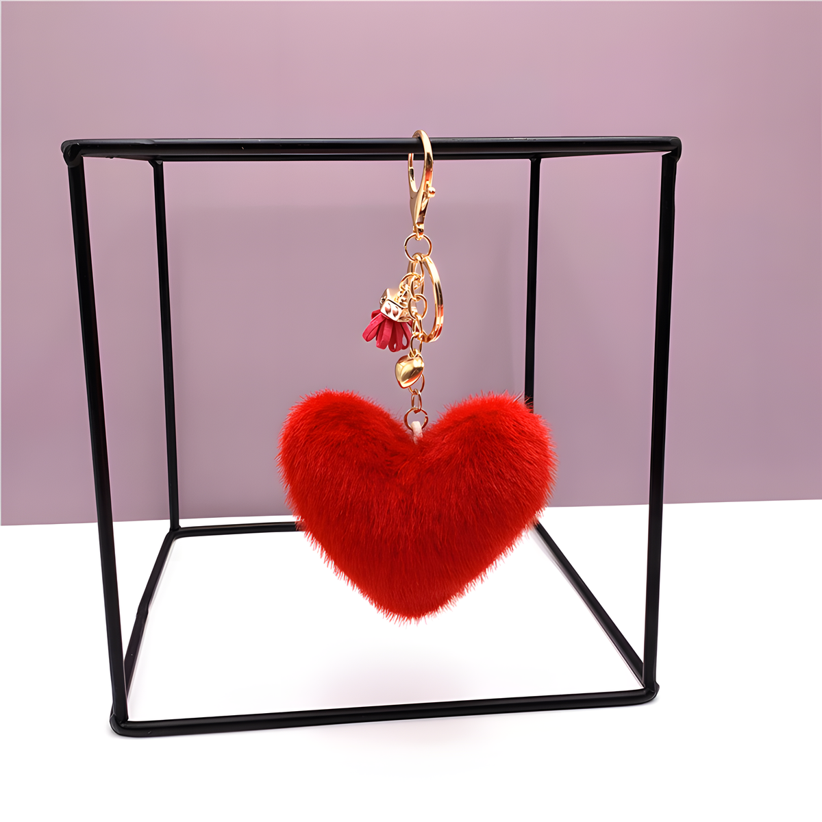 Fluffy Heart Keychain Charm with Tassel and Gold-Tone Clasp