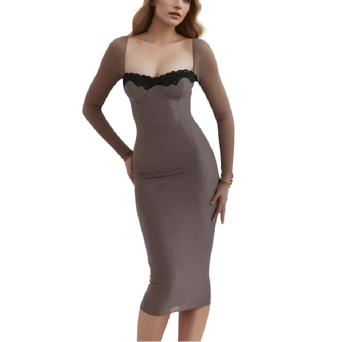 Square-Neck Lace Midi Dress with Long Sheer Sleeves