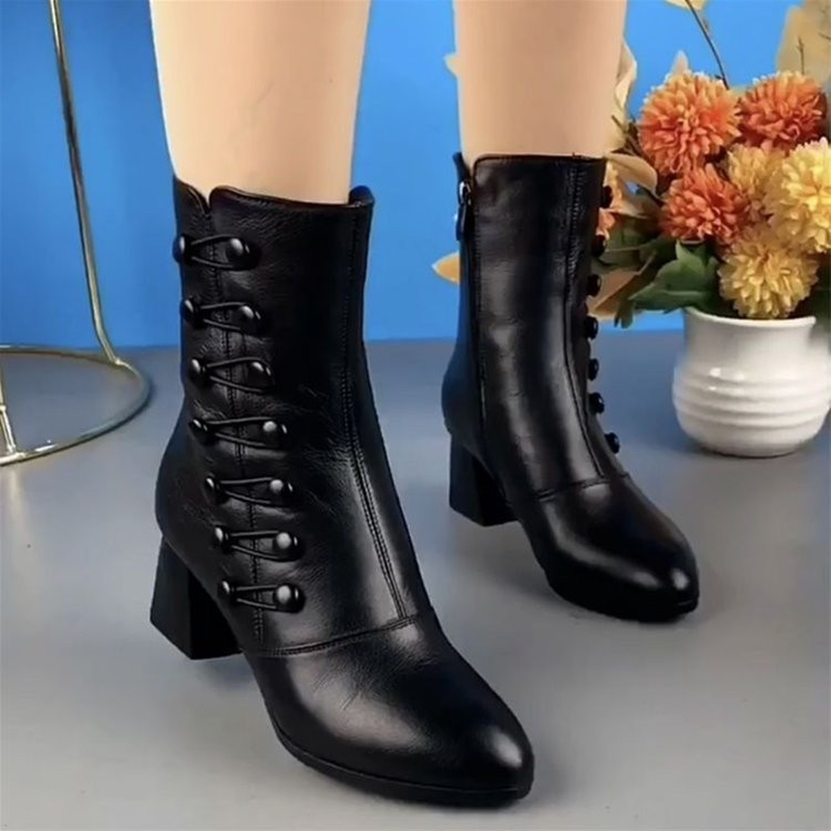 Women's Black Lace-Up Ankle Boots with Side Zip and Block Heel