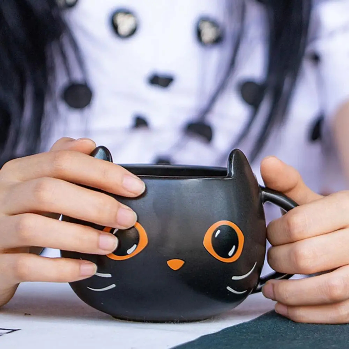 Halloween Cat Mug with Lid and Spoon, Ceramic, 301-400 ml