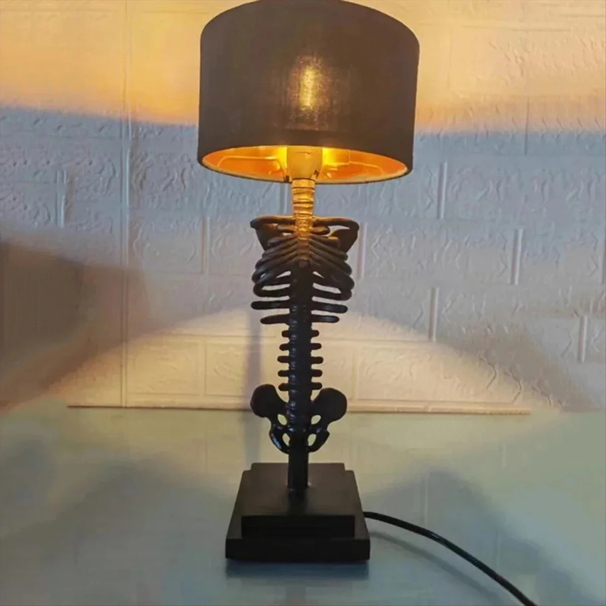 Skeleton Table Lamp with Black Fabric Shade, Gothic Halloween Decor
