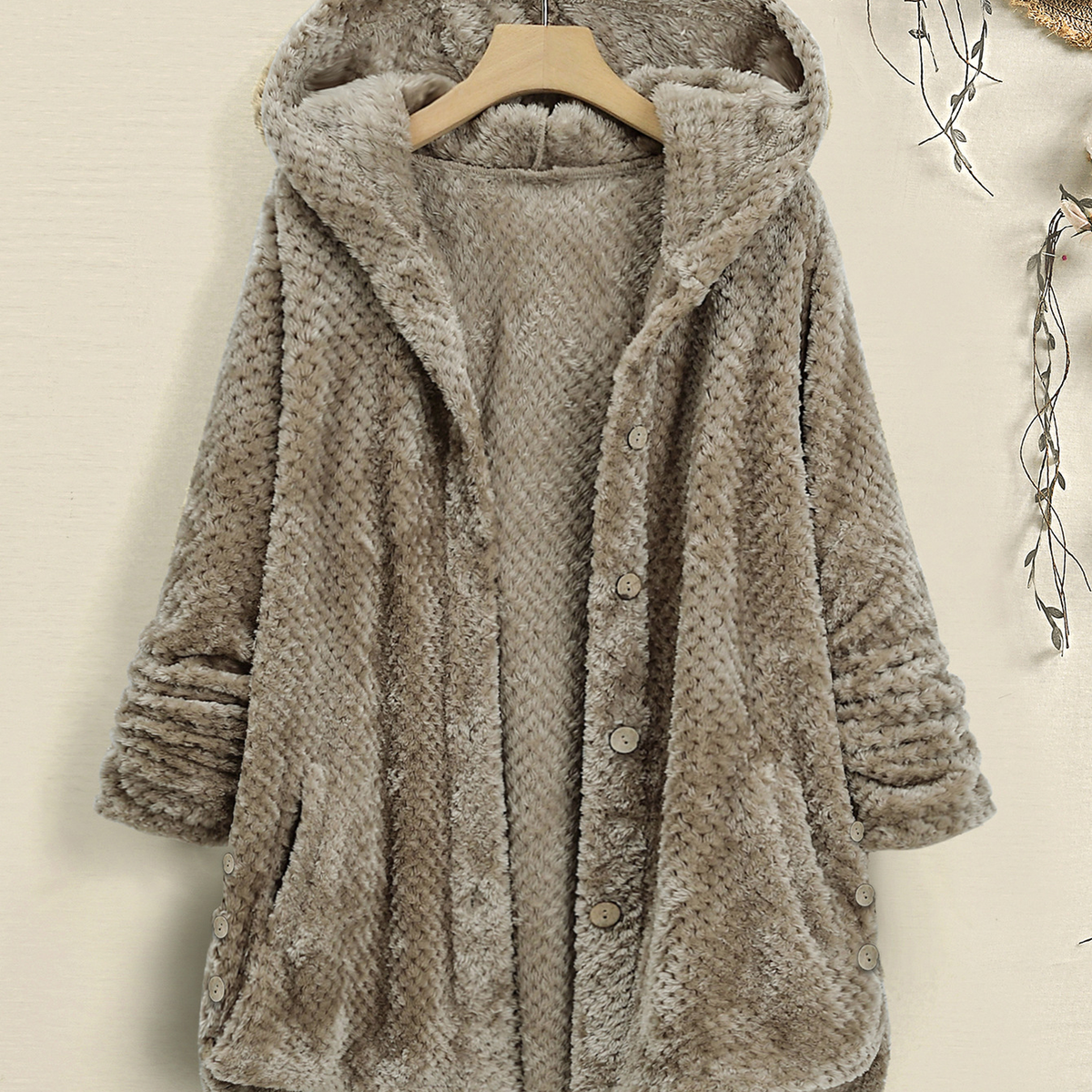 Hooded Fleece Cardigan with Buttons and Pockets, S–4XL