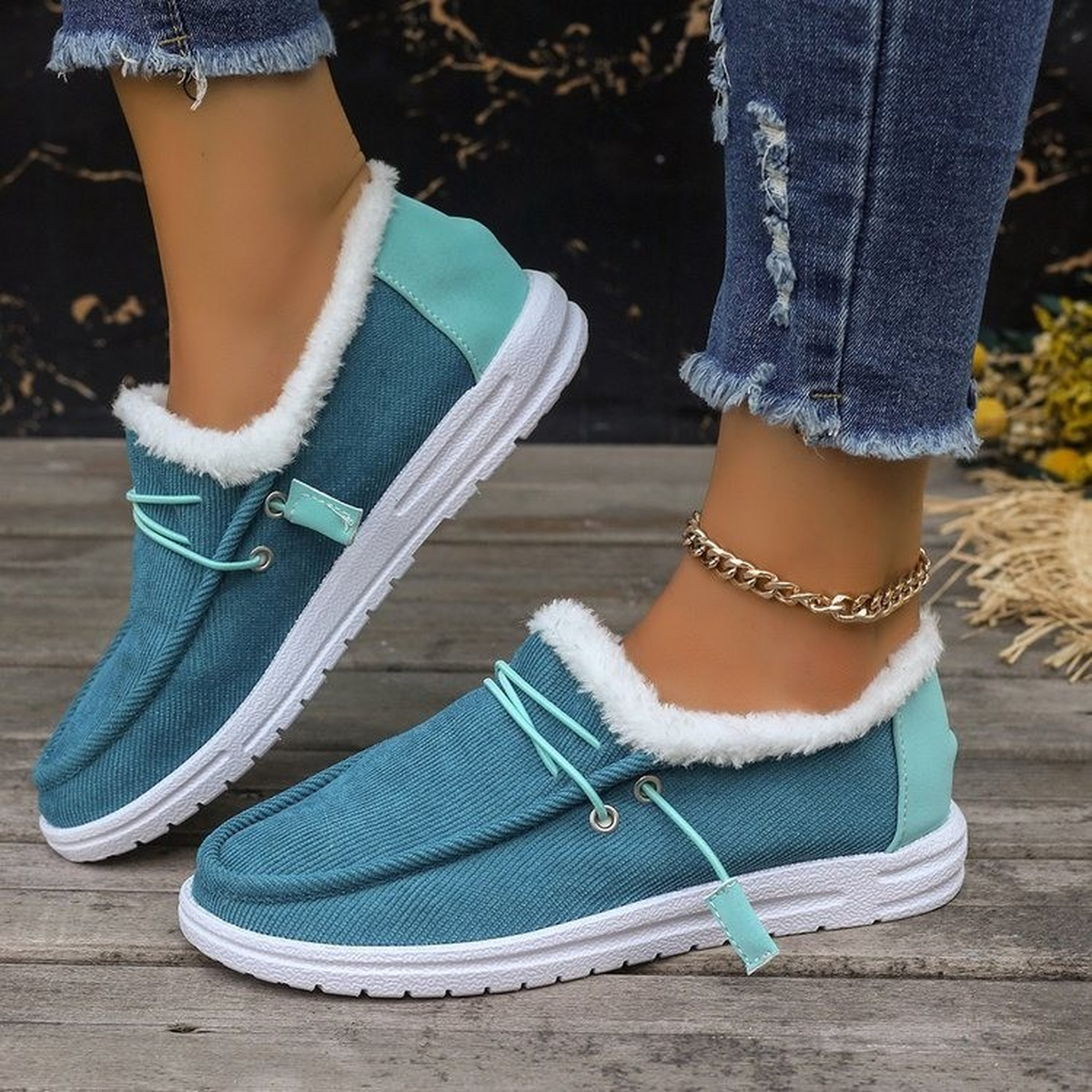 Fleece-Lined Canvas Slip-On Shoes with Elastic Cross Straps