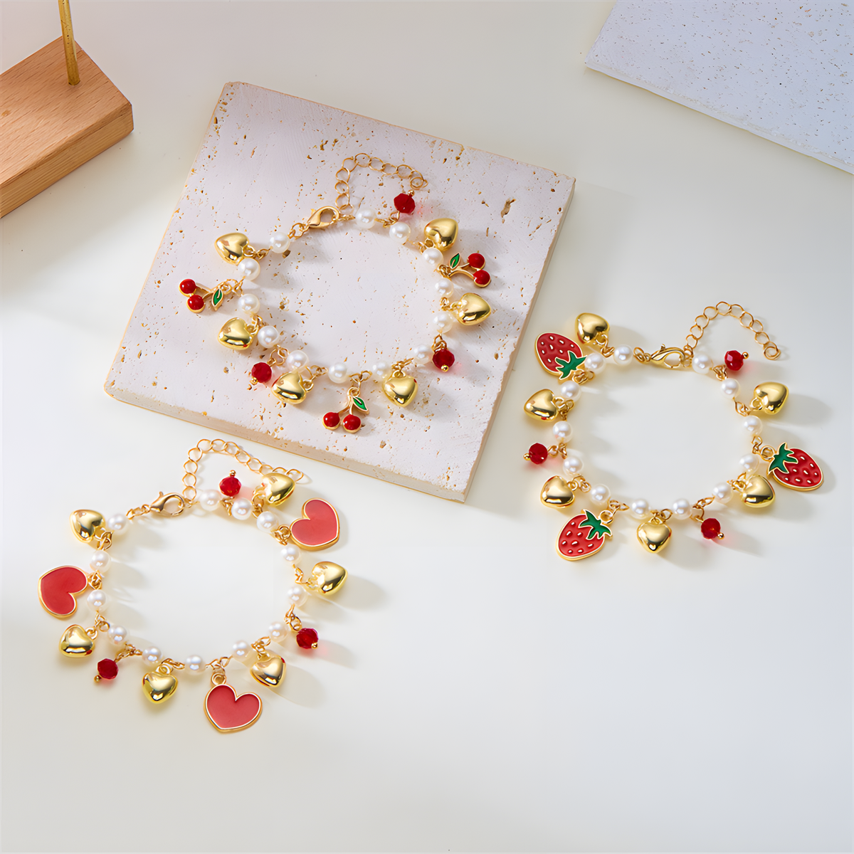 Pearl-Look Charm Bracelet with Fruit and Heart Accents