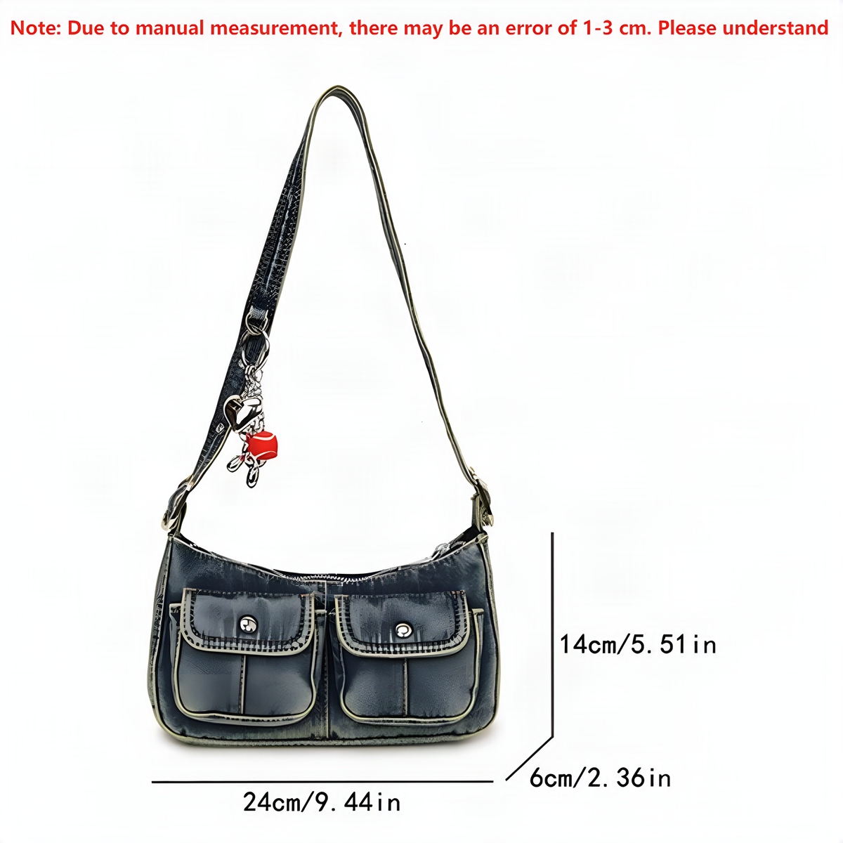 Denim Baguette Shoulder Bag with Twin Pockets and Charm Detail