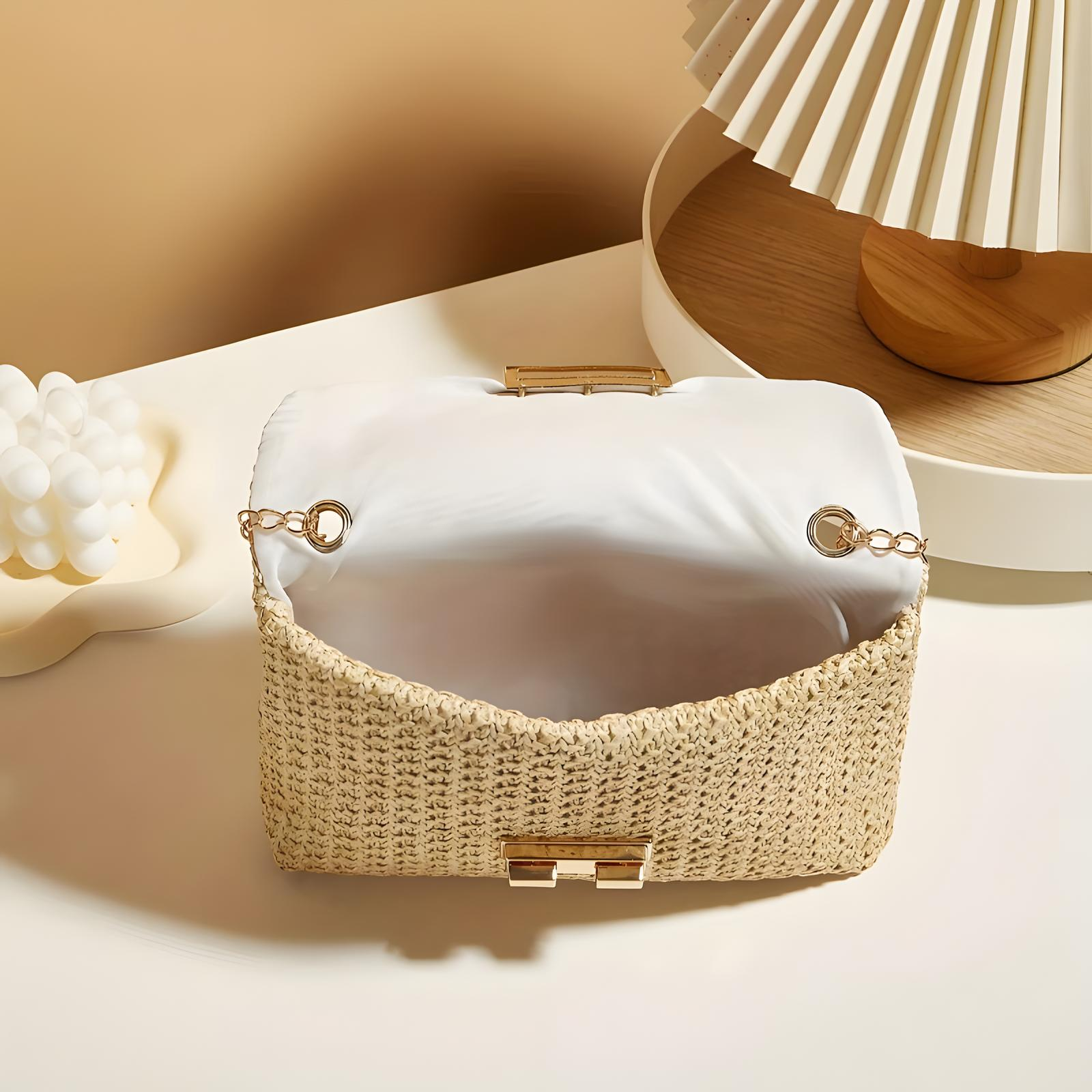 Straw Crossbody Bag with Gold Chain & Turn Lock