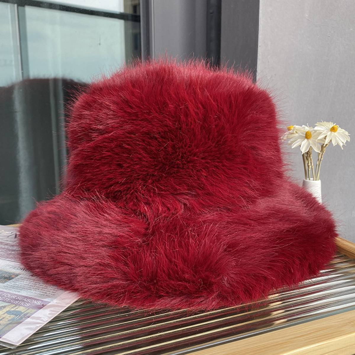 Plush Faux-Fur Bucket Hat with Rounded Crown and Soft Brim