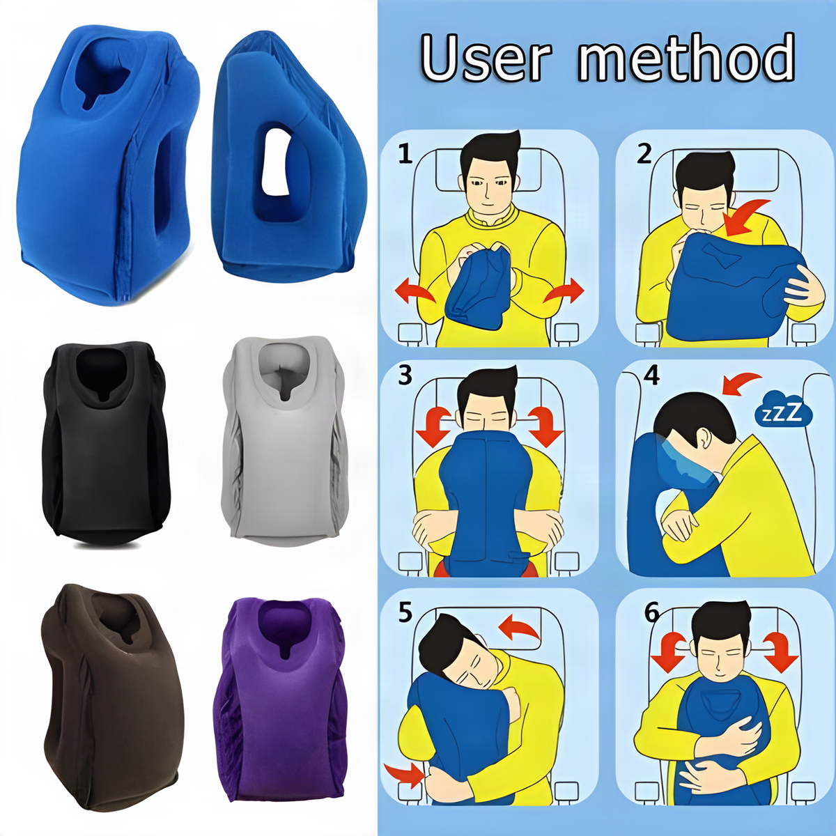 Inflatable Travel Pillow with Face Opening and Arm Cutouts