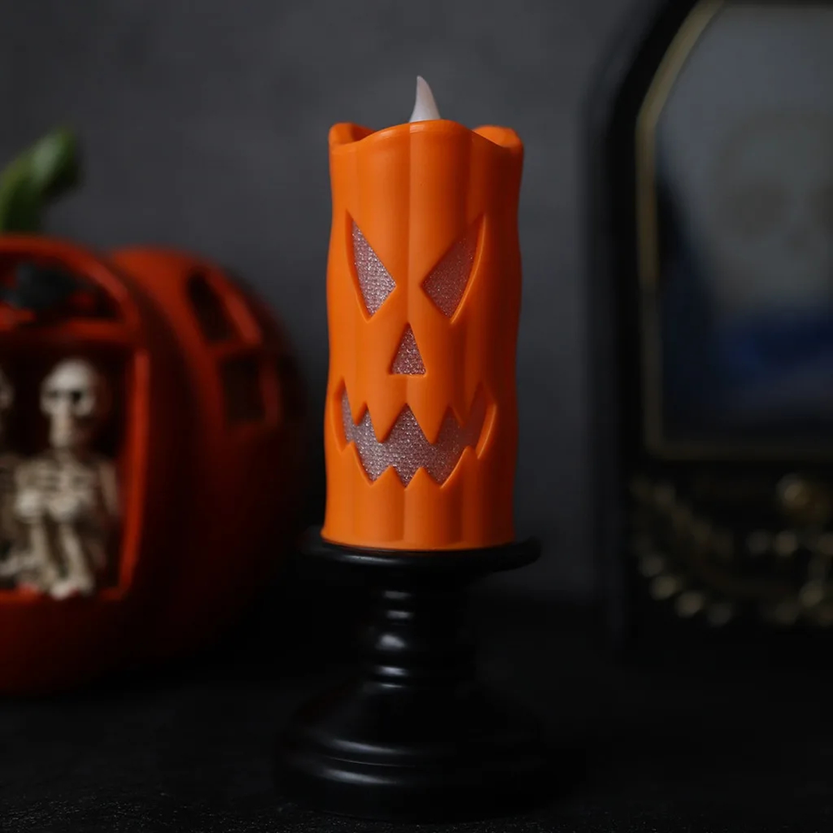 Orange Halloween LED Candlestick with Jack-o'-Lantern Face