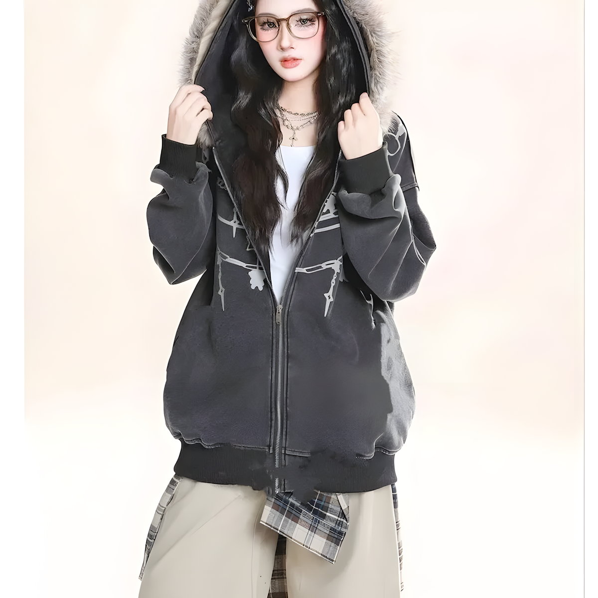 Zip-Front Hooded Jacket with Plush Collar and Chain Print