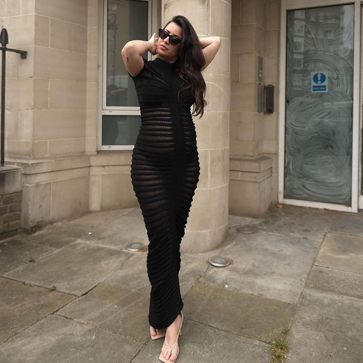 Black Ruched Short-Sleeve Midi Dress with Round Neckline