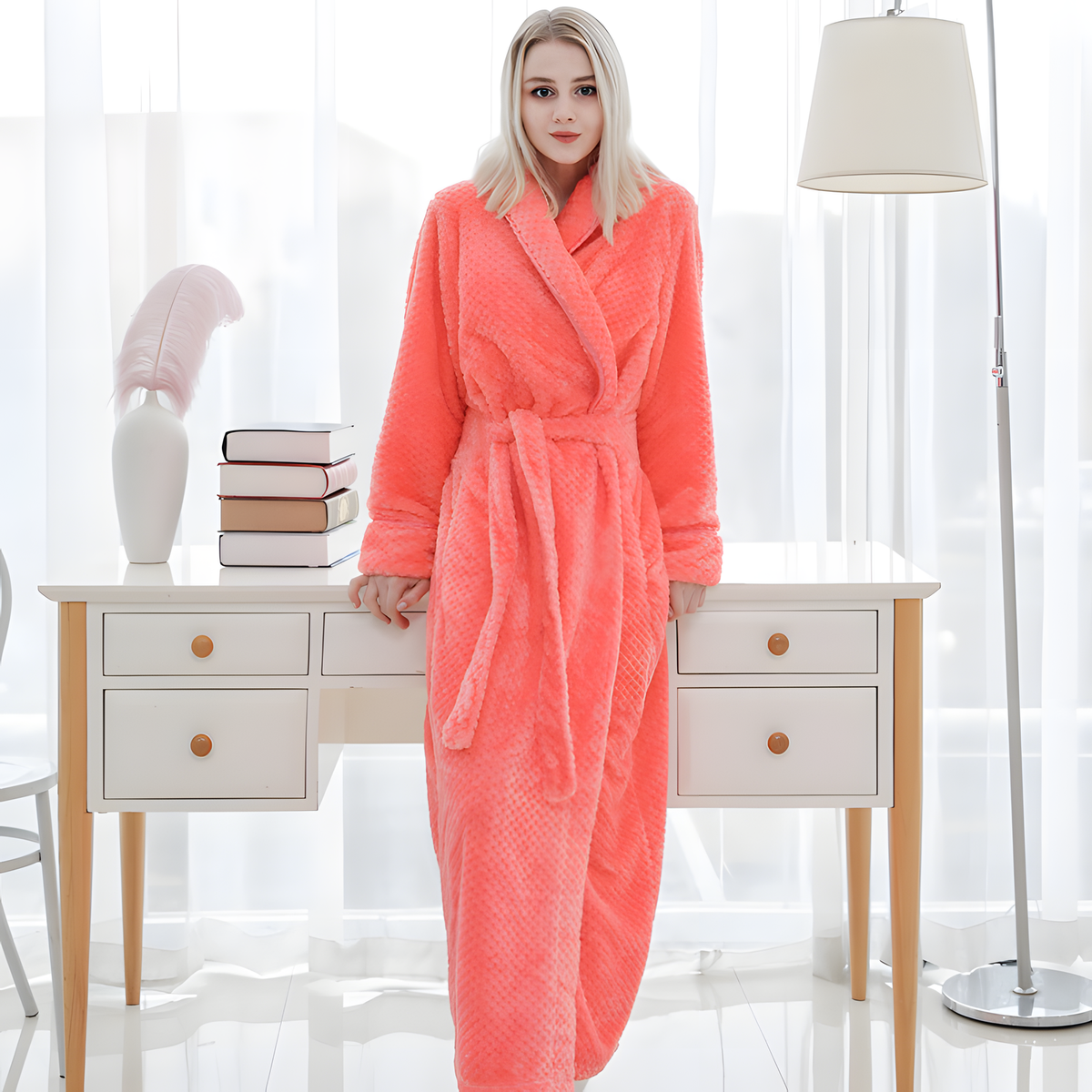 Women's Plush Hooded Bathrobe with Long Cut and Flannel Feel
