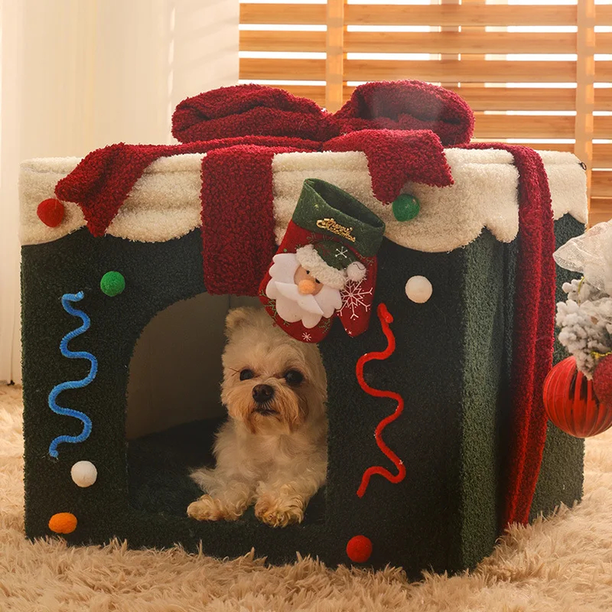 Christmas Gift Box Cat House Bed with Removable Top Bow