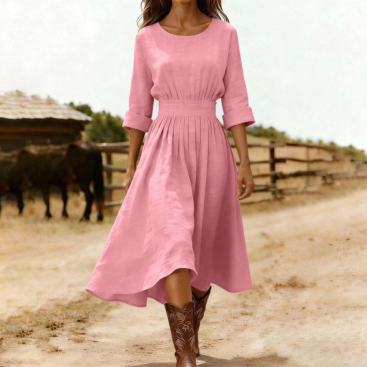 Women’s Long-Sleeve Cotton-Blend Dress with Round Neck and Waist