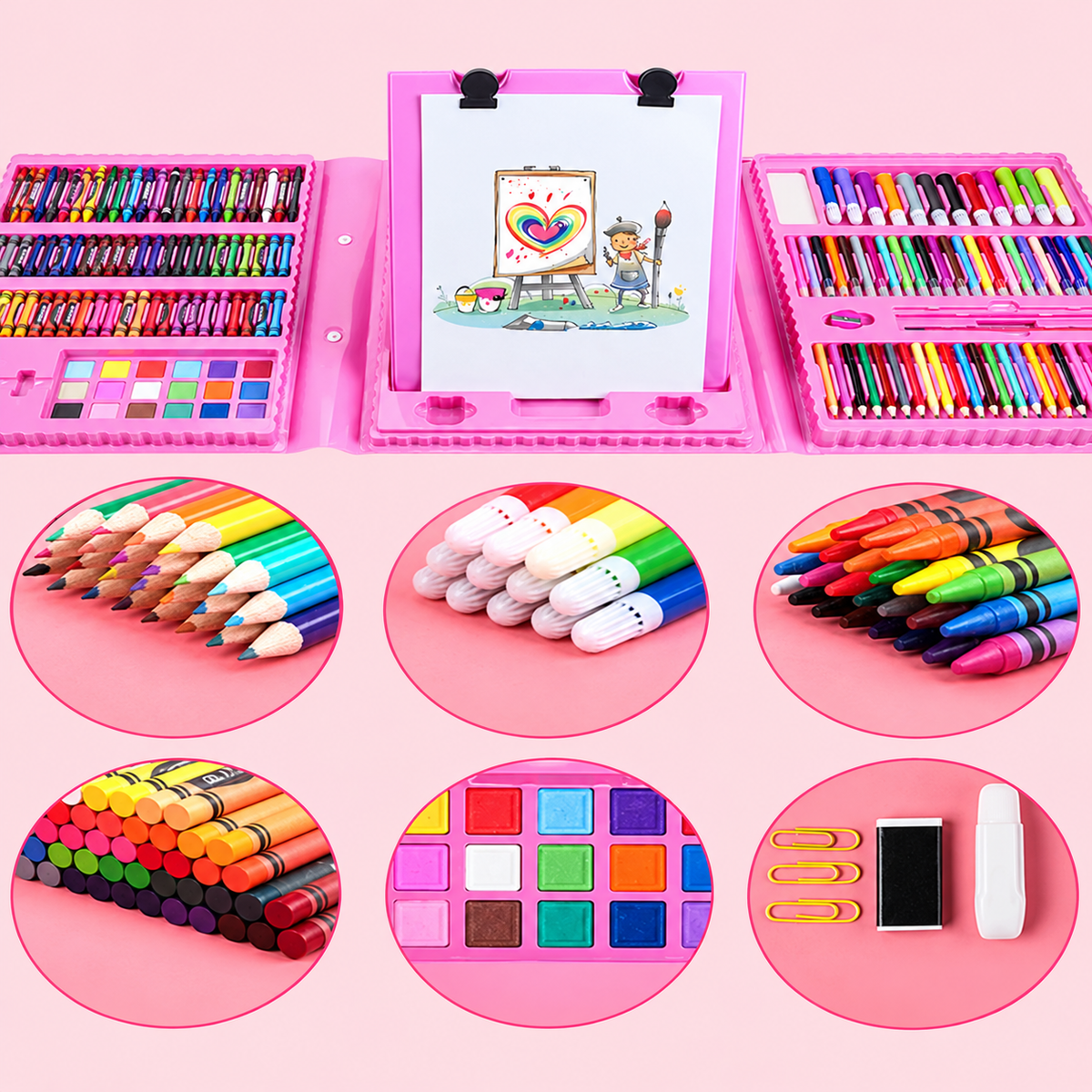 208-Piece Kids Art Set, Folding Supply Case and Drawing Boards