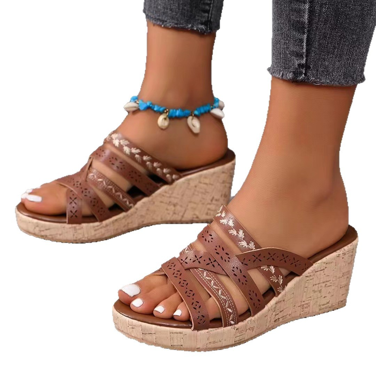 Women's Roman Wedge Sandals with Cutout Straps and Cork Sole