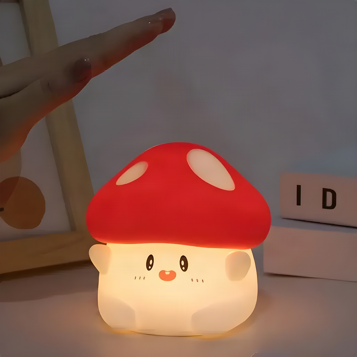 Mushroom Touch Night Light with Red Spotted Cap and Smiling Face
