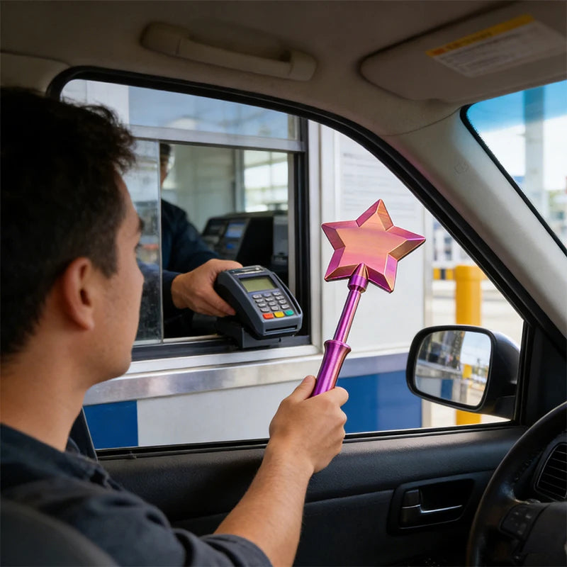 Person inside a car holding a pink star-shaped object, interacting with a cashier at a drive-through window.