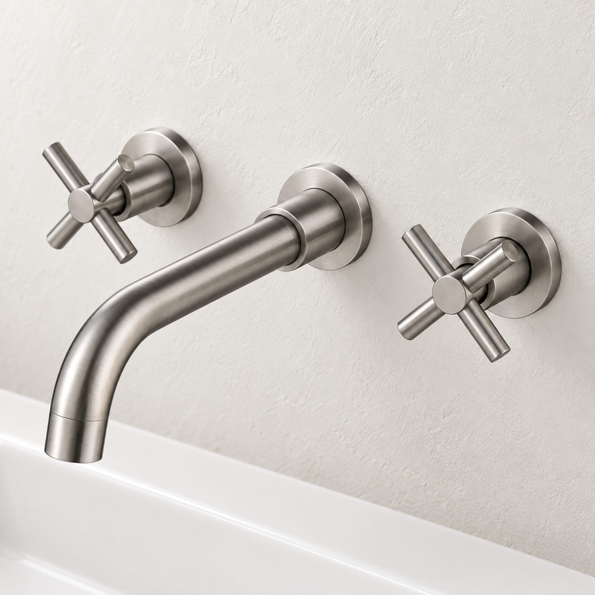 Brushed Silver Wall-Mounted Faucet with Two Cross Handles
