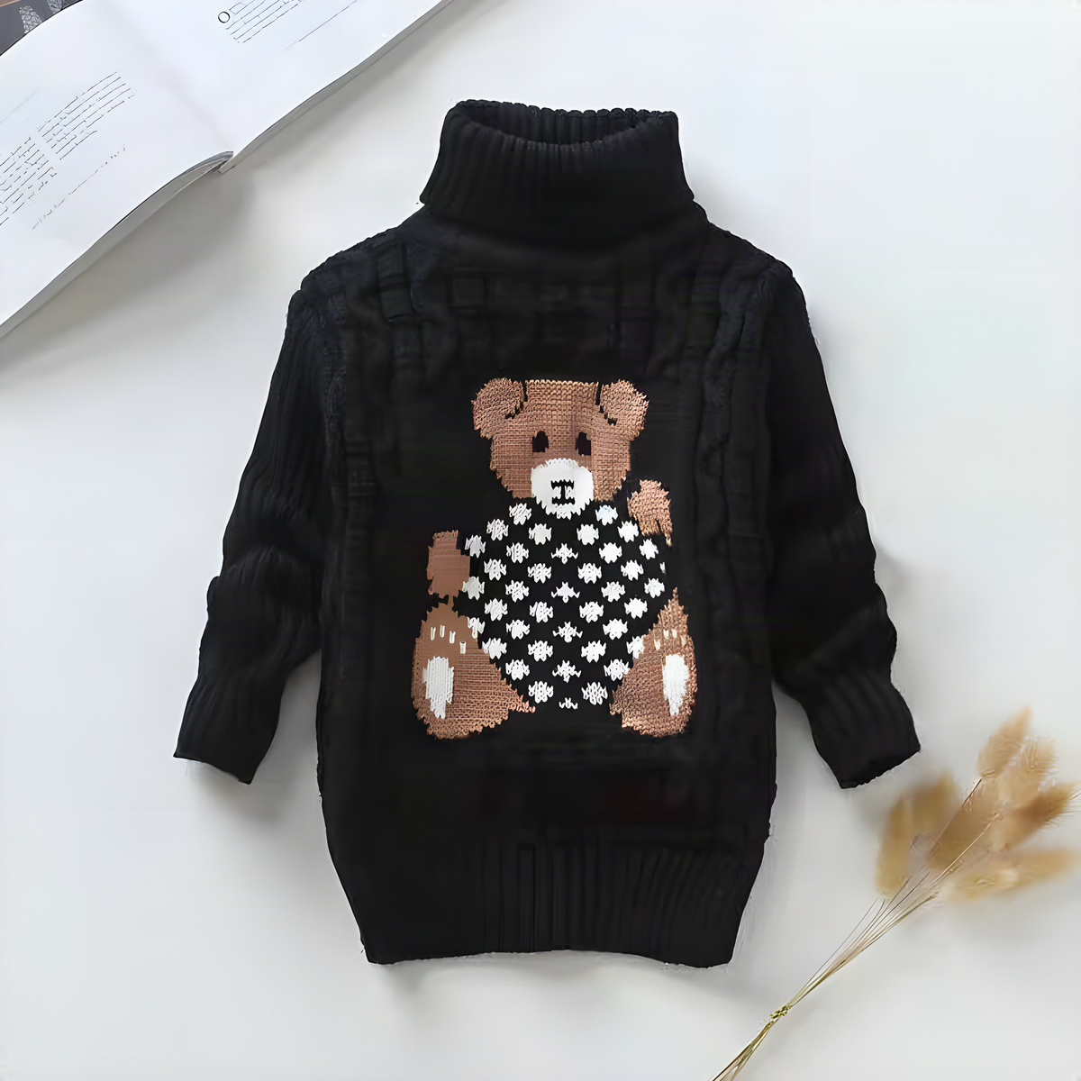 Kids Bear-Detail Ribbed Turtleneck Sweater in Seven Colors