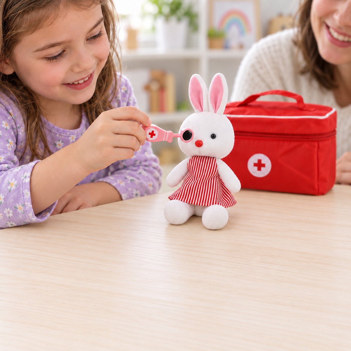 Wooden Dentist Pretend Play Kit with Rabbit Doll and Bag