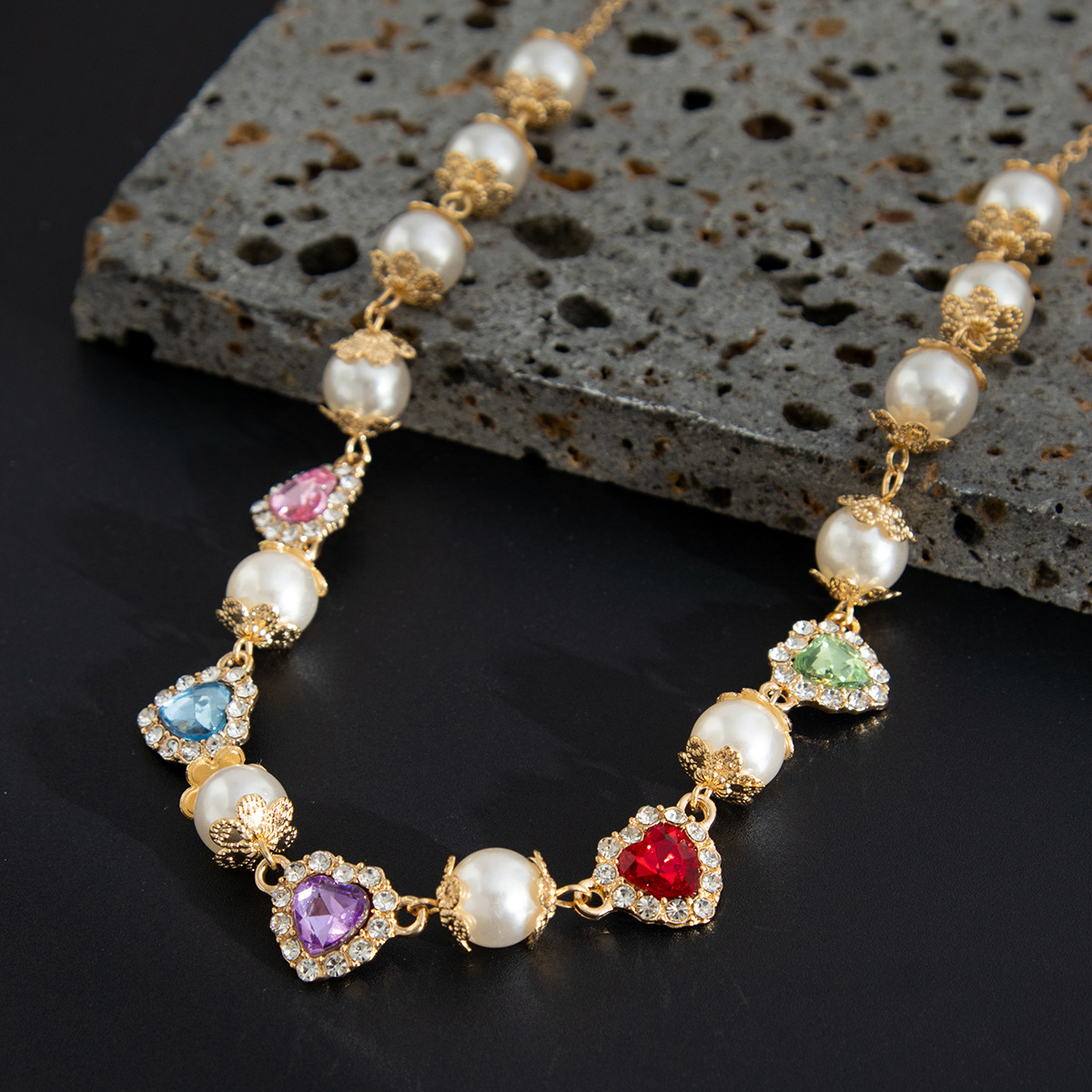 Colorful Heart and Pearl-Style Necklace with Fine Chain