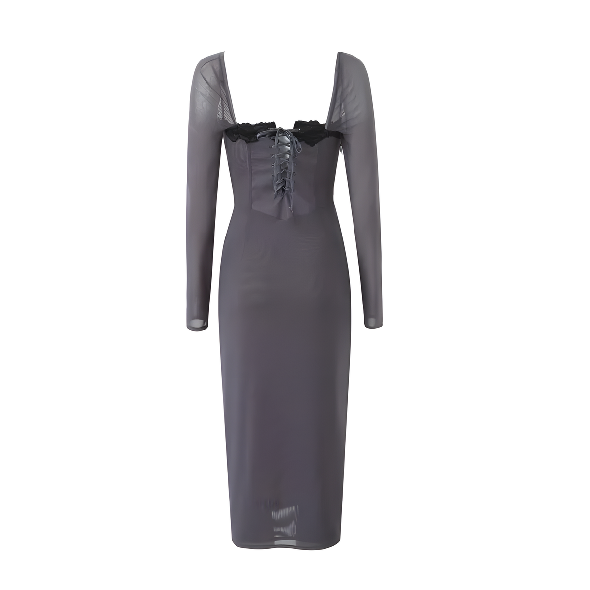 Square-Neck Lace Midi Dress with Long Sheer Sleeves