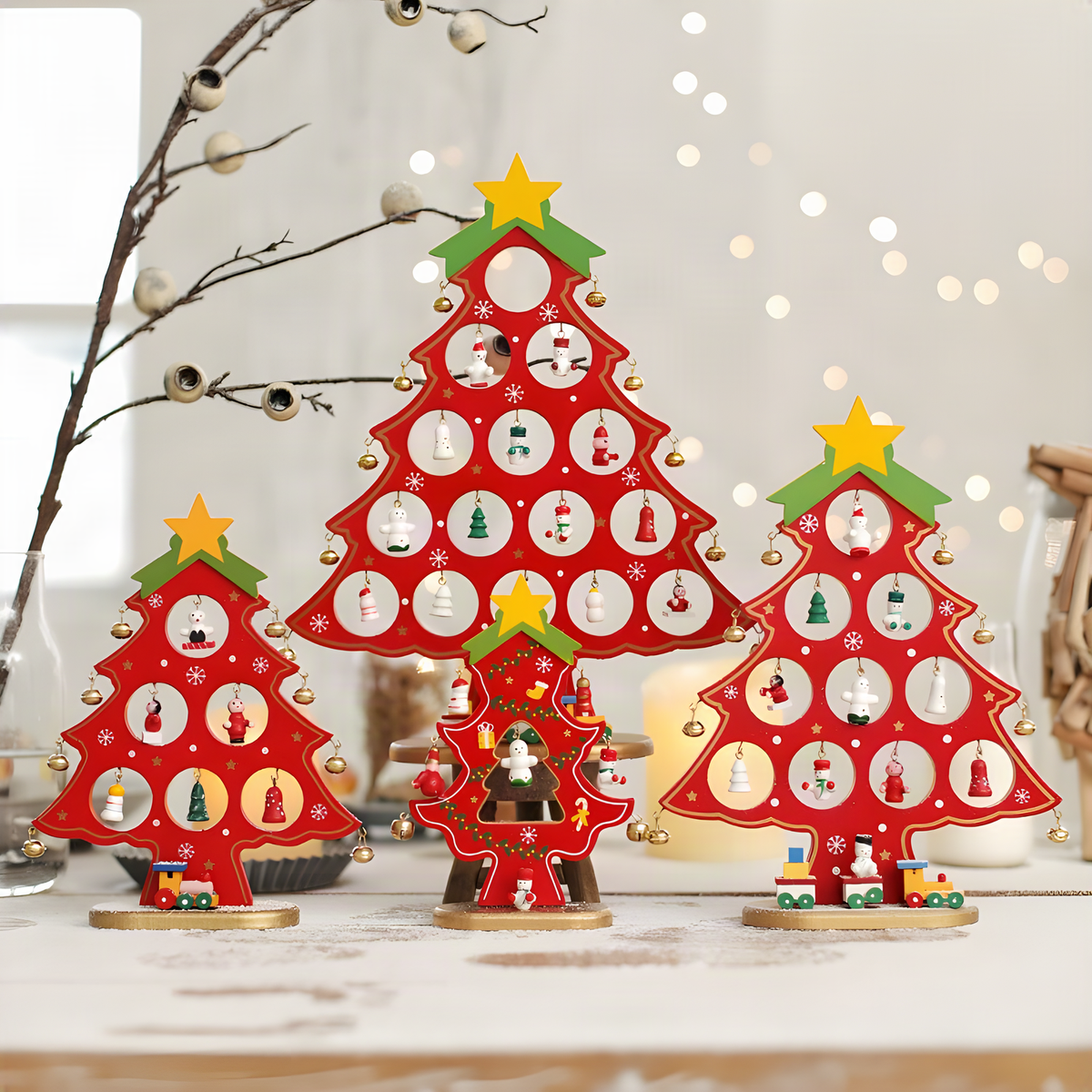 Wooden Tabletop Christmas Tree with Star and Hanging Ornaments