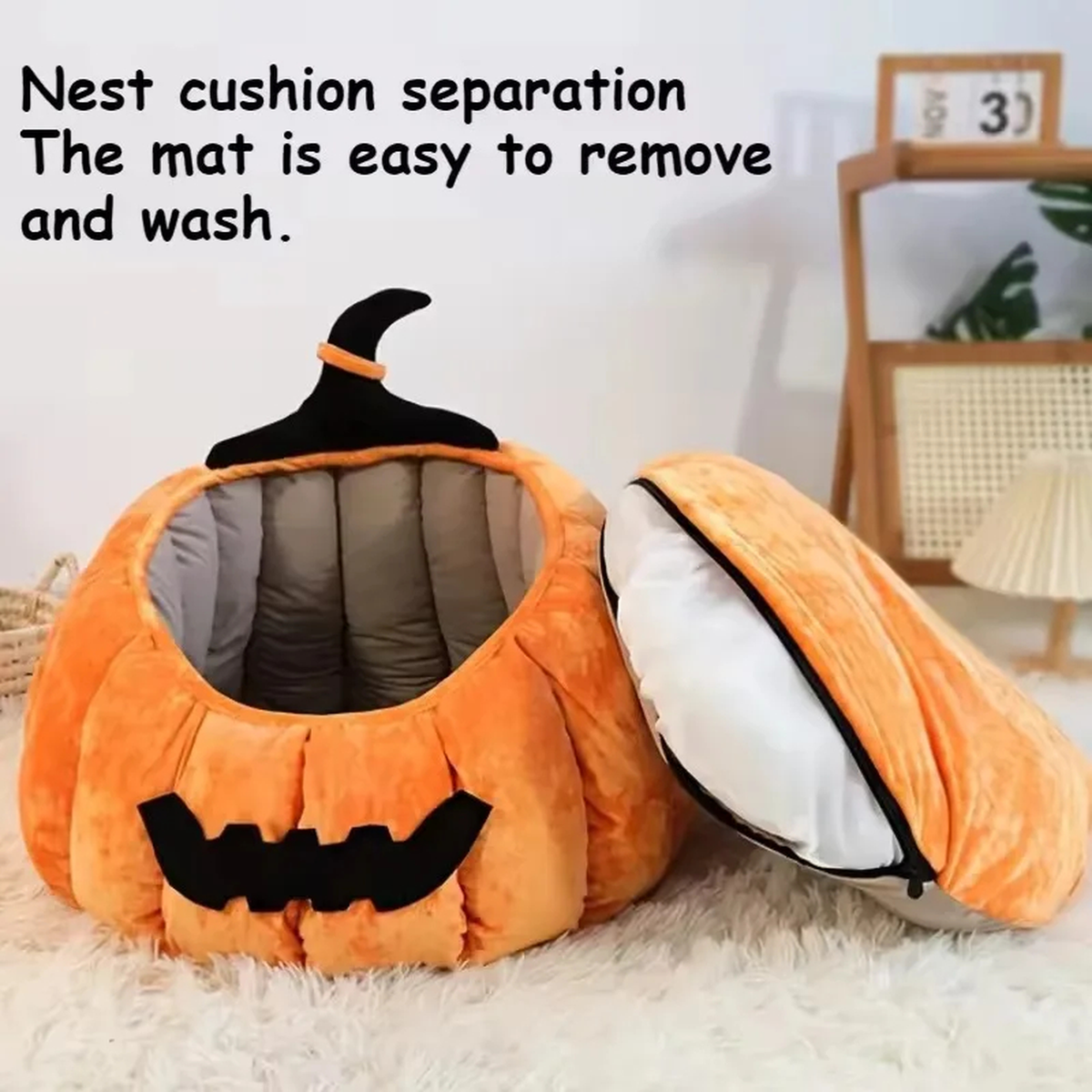 Pumpkin Cat Bed, Round 54 cm, Raised Rim, Removable Cushion