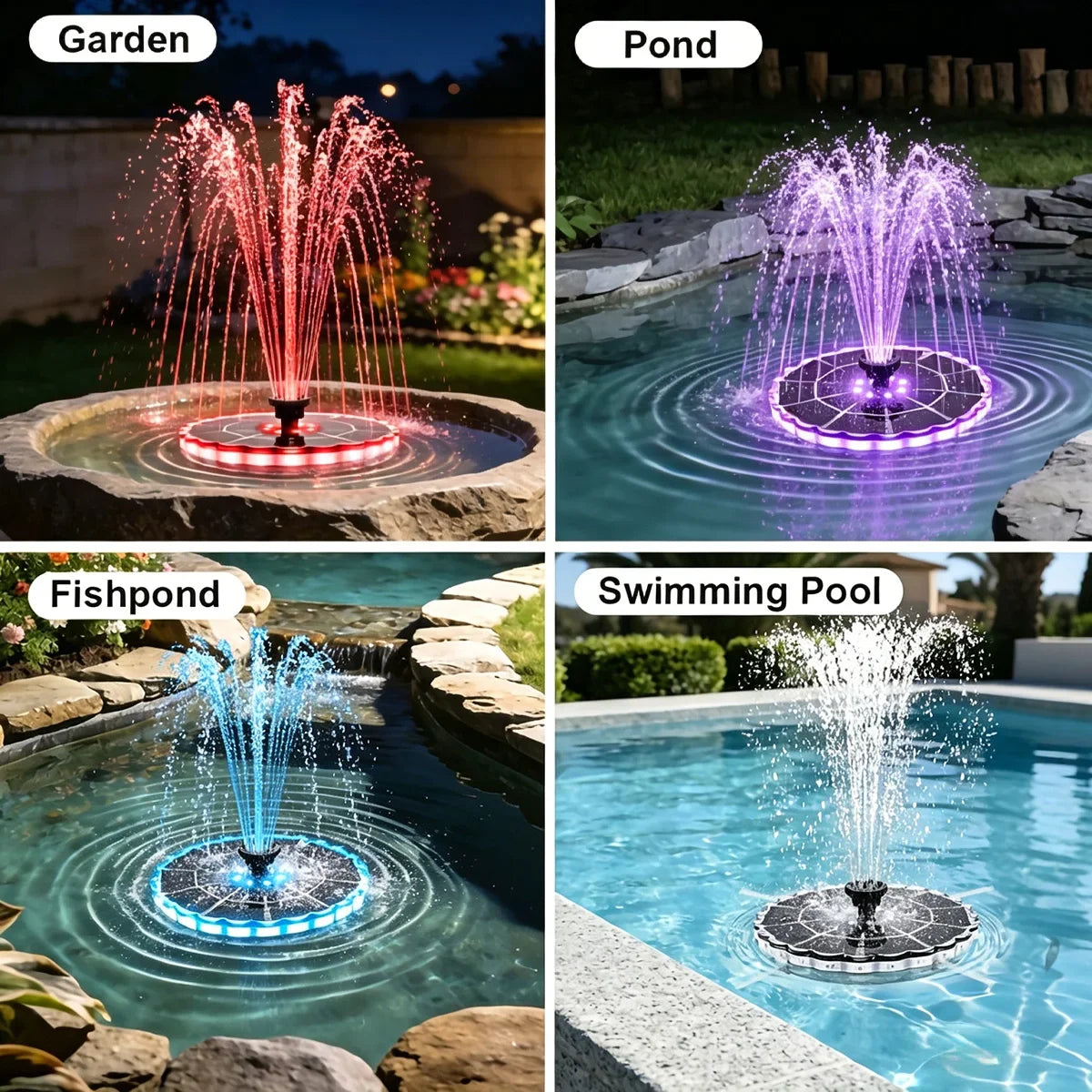 Solar Garden Fountain Pump with LED Lights & 7 Nozzles