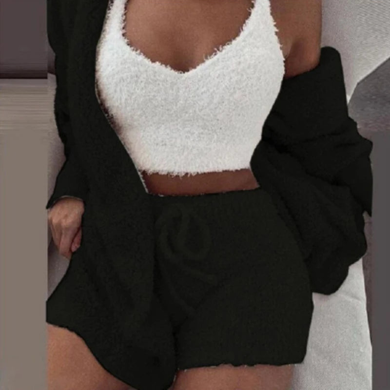 Women's Three-Piece Knit Pajama Set with Crop Top and Shorts