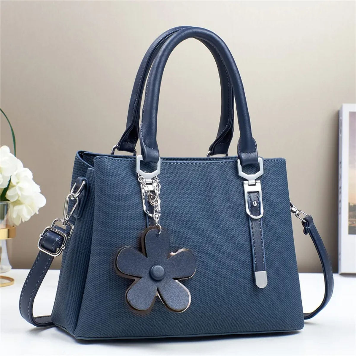 Flower Charm Structured Handbag with Crossbody Strap