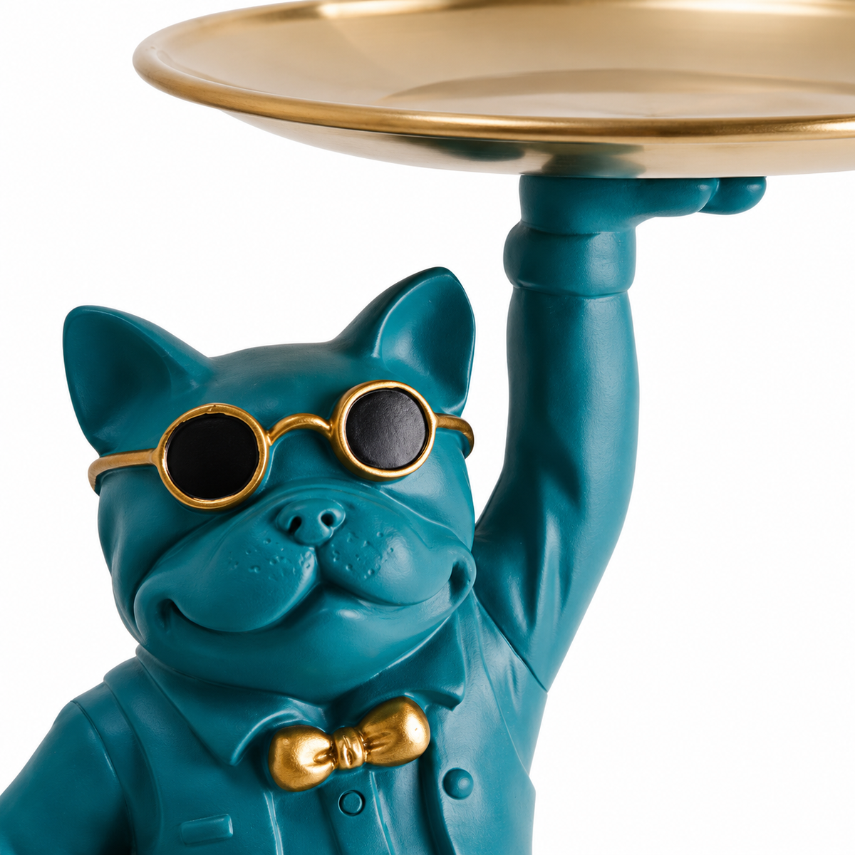 Teal Bulldog Tray Figurine with Gold-Tone Details for Decor