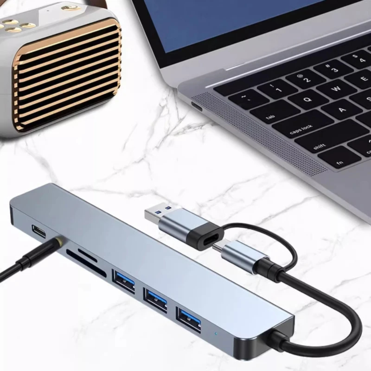 Dual-Connector 8-in-1 USB Hub for a Flexible Desk Setup