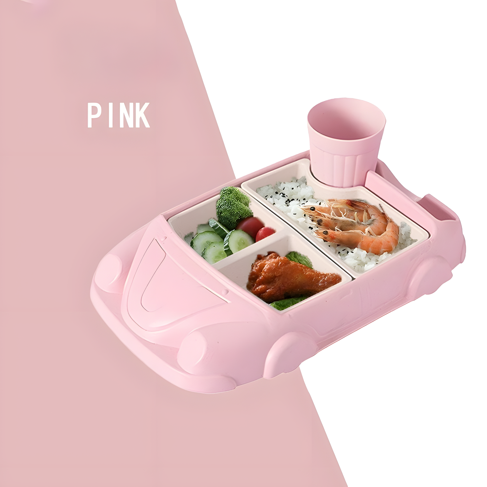 Kids Divided Meal Plate with Cup Car Shape Pink Green Blue