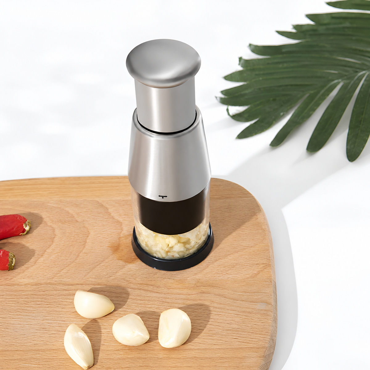 Stainless Steel Garlic Crusher with Clear Collection Cup