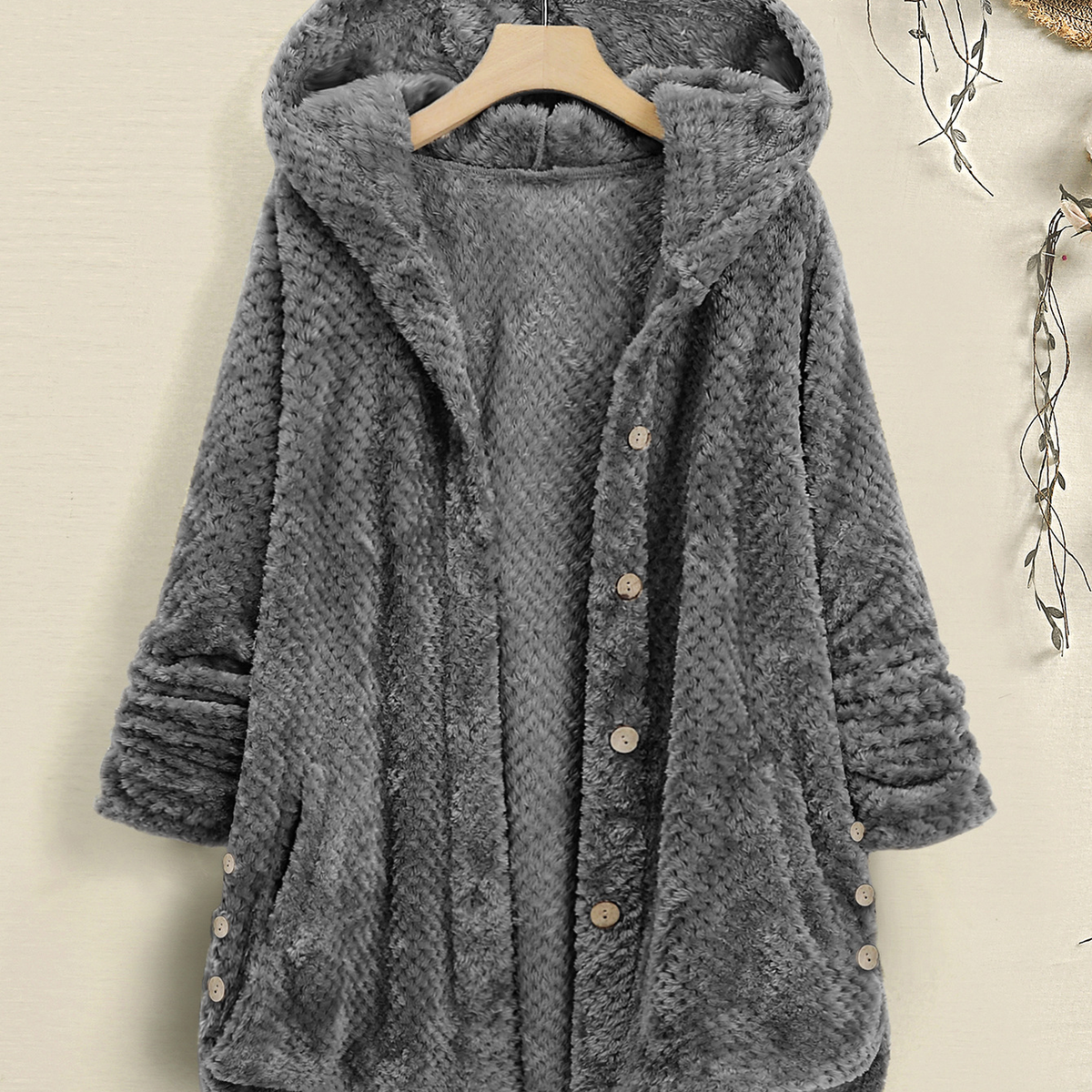 Hooded Fleece Cardigan with Buttons and Pockets, S–4XL