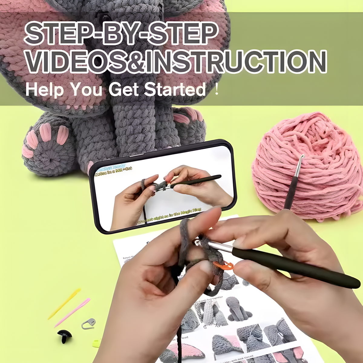 Beginner Elephant Crochet Kit to Make a 13-Inch Plush Toy